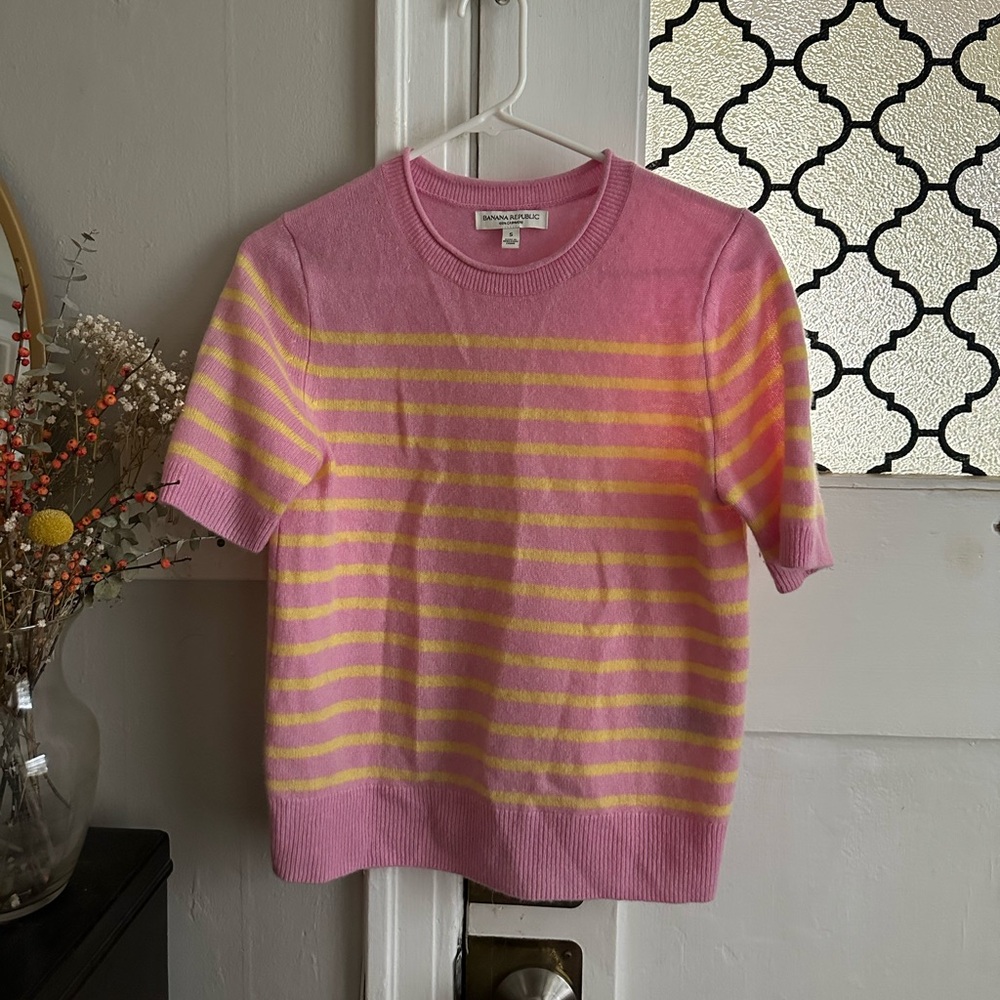 Banana Republic Pink & Yellow Striped Short-Sleeve Cashmere Sweater